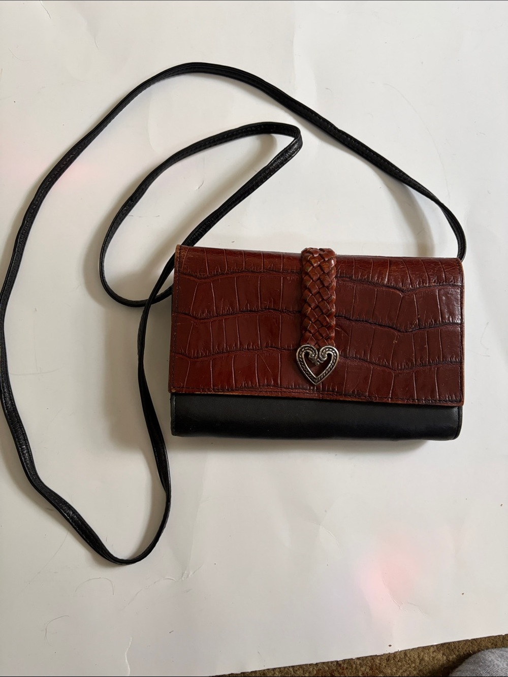 Brighton Brown Croc-Embossed Crossbody with Black Base and Heart Charm